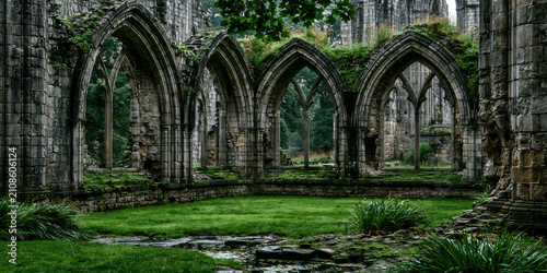 Gothic Ruins with Overgrown Arches and Green Lawn