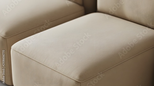 Closeup of a modern beige upholstered chair seat, showcasing the fine fabric texture and clean, minimalist furniture design