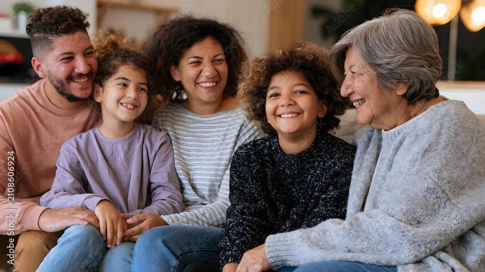 Fototapeta premium A multigene nal family group smiling together while sitting on a couch indoors in a warmly lit home environment