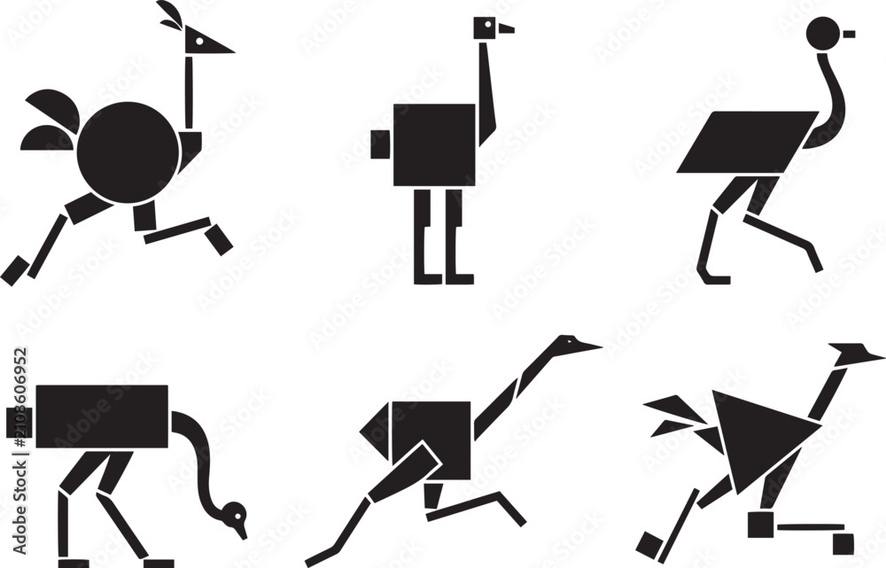 Fototapeta premium Set of ostriches. Hand drawn vector illustration