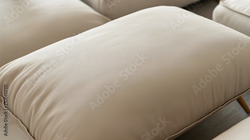 Closeup of a beige fabric sofa cushion in a modern living room, highlighting the soft texture and comfortable design of the furniture piece