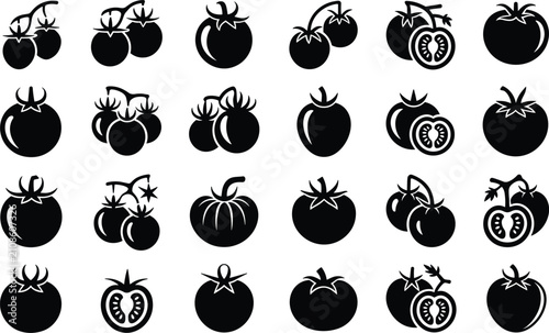 Various black tomato icons and vine tomatoes in different styles and cuts on white background
