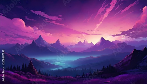 Purple Sky And Mountain Landscape With Glow