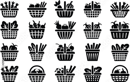 Vegetable basket icons set for healthy eating and grocery shopping, collection of various farm produce