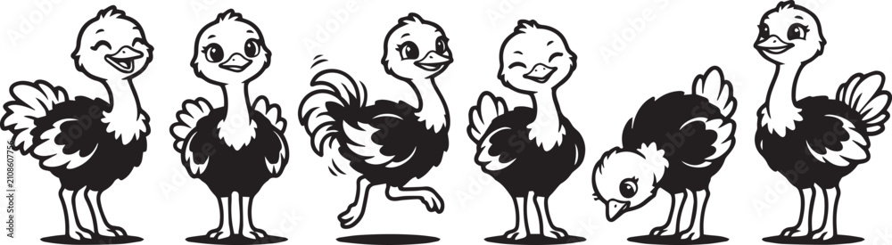 Fototapeta premium Set of ostriches. Hand drawn vector illustration