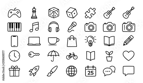 Line Art Icon Collection Featuring Games Music Technology and Everyday Objects Editable Vector Set