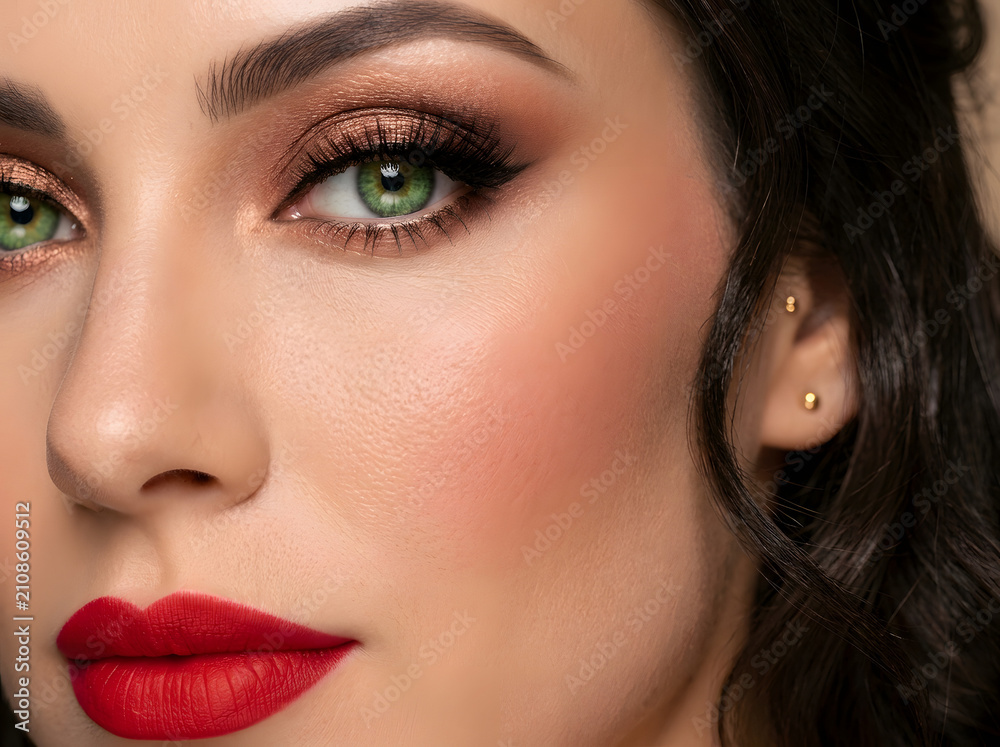 Naklejka premium Extreme close up portrait of woman with green eyes and red lipstick wearing elegant makeup portrait lipstick