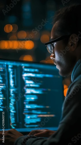 Dedicated coder reviews lines code on large screen, illuminated by glow monitor in tech workspace. Scene captures intensity, commitment late night software development