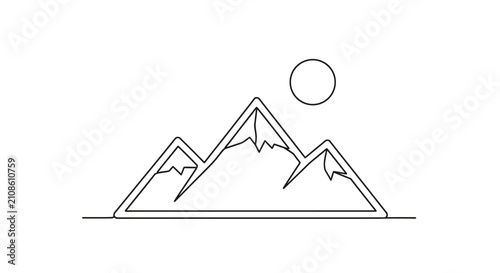 Minimalist mountain range line art with sun circular element.