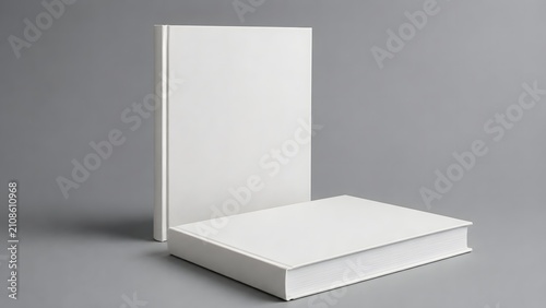 Two white hardcover books standing and lying on plain grey background.