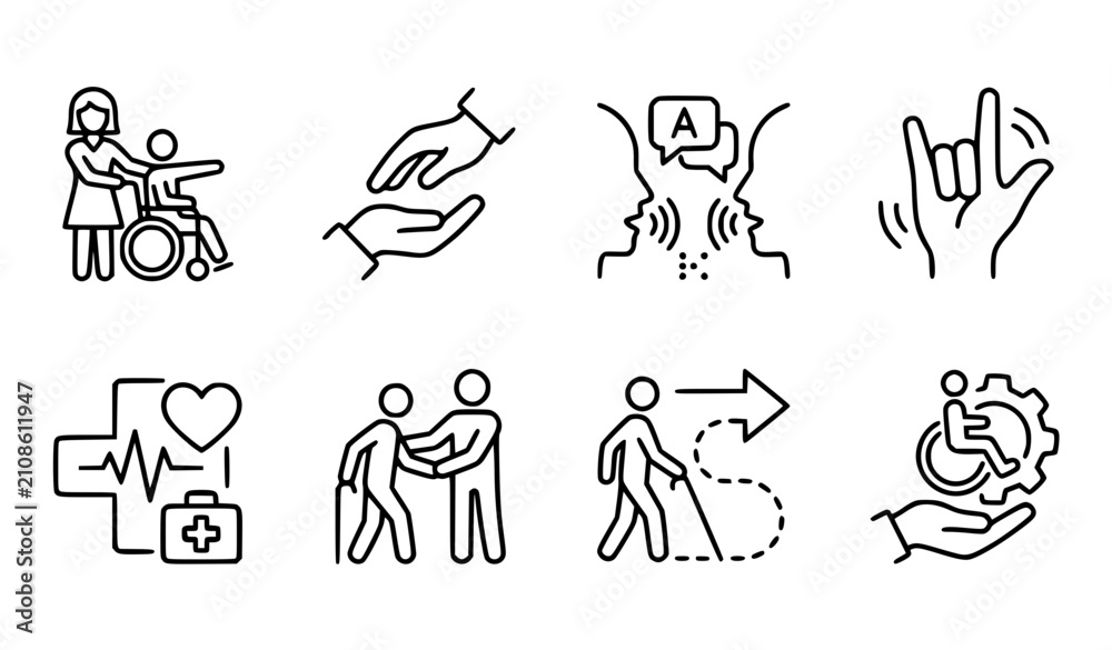 Fototapeta premium Disability support and assistive service thin line icon set editable stroke accessibility vector