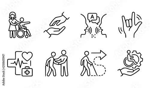 Disability support and assistive service thin line icon set editable stroke accessibility vector
