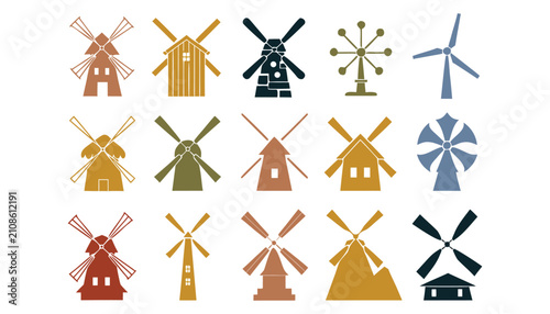 Classic and contemporary windmill vector silhouettes in earthy color palette