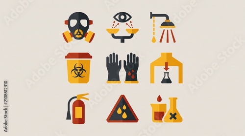 Industrial safety icons, a collection of flat vector illustrations for workplace hazard prevention. Chemical safety, fire protection, and personal protective equipment symbols.