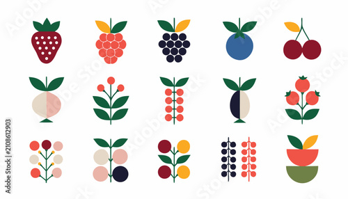 Set of modern flat vector illustrations of various berries and forest fruits