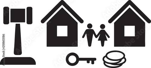 Photos Black icon set representing divorce settlement with gavel house couple and money