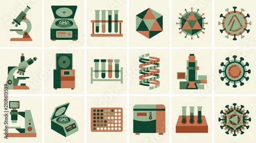 Scientific research laboratory equipment and virus icons, a collection of 15 flat vector illustrations. Biology and chemistry lab tools, microscopic organisms