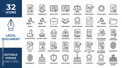 Obraz na plátne Legal Document Line Icons Vector Collection Featuring Contracts Agreements Certi