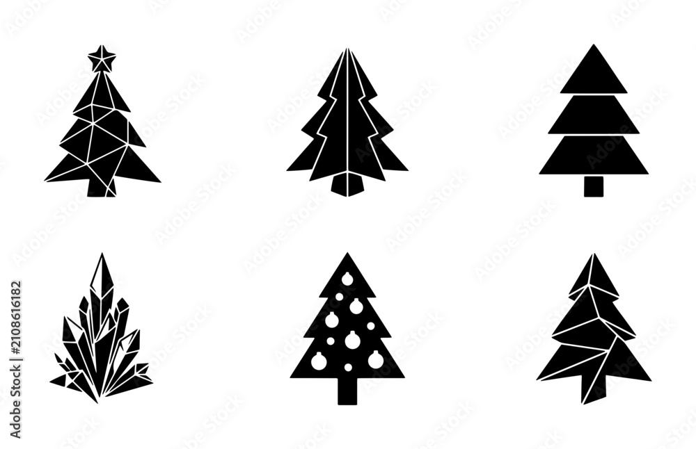 Obraz premium 70 Geometric and Stylized Christmas Tree Icons Set, Black and White Vector Graphics for Holiday Design, Festive Winter Celebration Elements 100