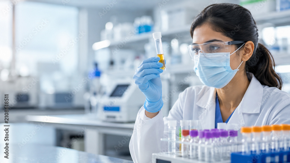 Fototapeta premium Female Scientist in Laboratory Examining Test Tube Sample with Safety Equipment 2026 4K