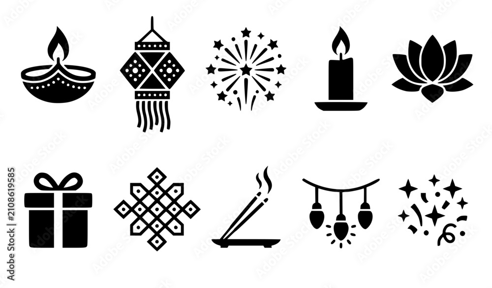 Fototapeta premium Diwali Silhouette Icon Collection Festival Vector Set