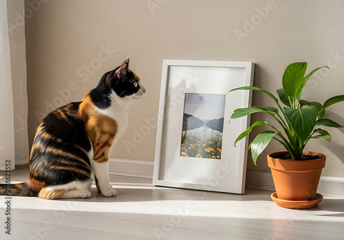 Curious cat sniffing black camera on windowsill