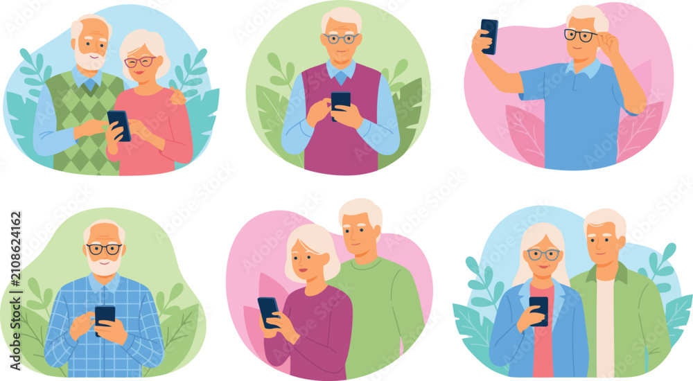 Fototapeta premium Elderly People Using Smartphones Vector Illustration Set Featuring Senior Citizens Learning Digital Technology Navigating Apps and Making Video Calls Online