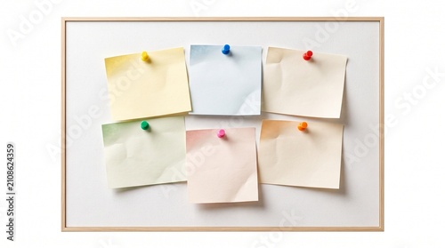 Several colorful paper squares are attached with push pins to a wooden framed notice board to organize important daily tasks and reminders for effective professional time management during