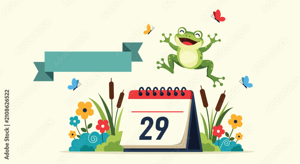 Naklejka premium Cute leap year calendar page showing the twenty-ninth of February with a happy green frog leaping high over wild flowers.