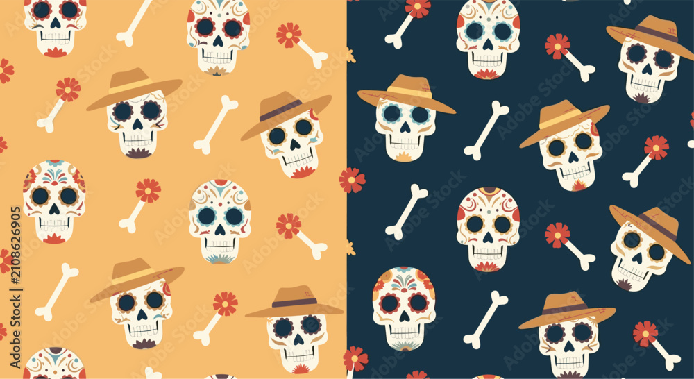 Obraz premium Festive Day of the Dead seamless pattern showcasing decorated sugar skulls with hats, bones, and orange marigolds.