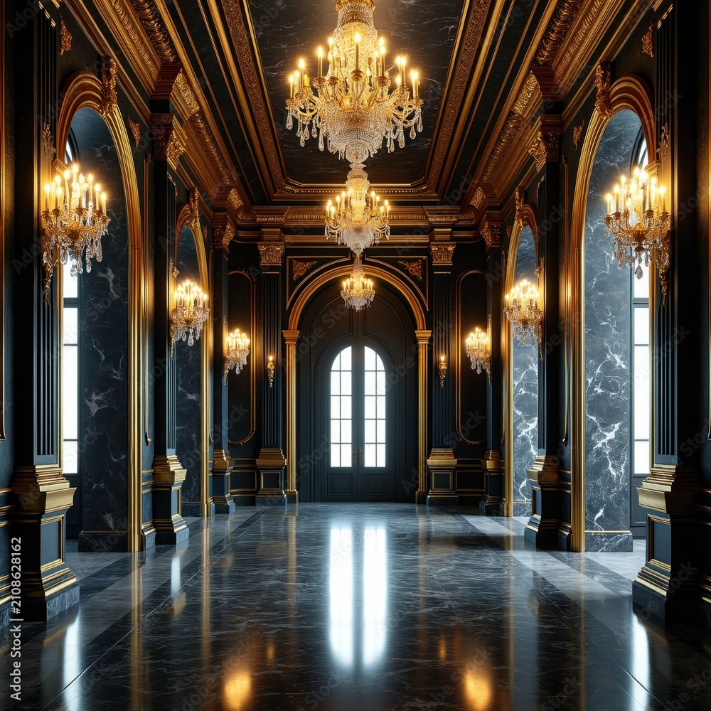 Fototapeta premium Opulent black, gold interior hallway features intricate architectural details with grand crystal chandeliers hanging from high ceiling. Dark marble flooring reflects warm lighting in long corridor of
