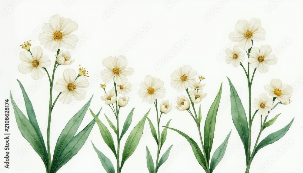 Fototapeta premium Delicate white flowers bloom with green leaves on white background. Watercolor illustration features botanical elements, artistic drawing for spring and summer decor.