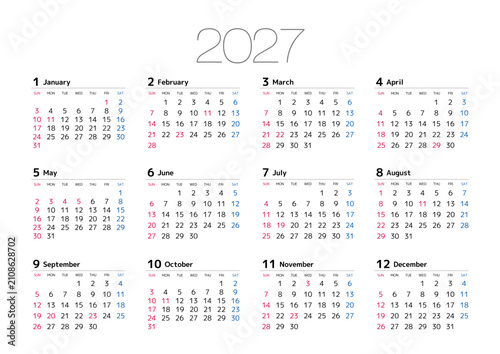 2027年の年間カレンダー日曜始まり 横位置