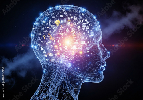 Glowing brain with interconnected digital networks and icons