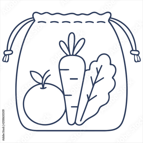 Minimal Organic Grocery Bag Icon with Fresh Vegetables and Healthy Food Line Art Vector Design