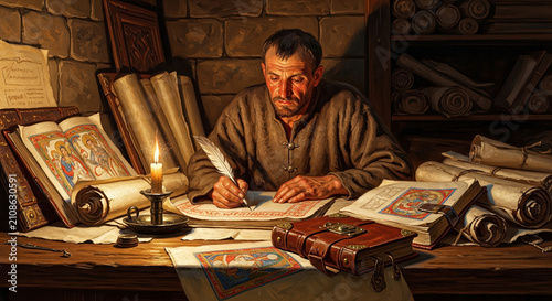A diligent medieval scribe toils by candlelight, meticulously copying ancient texts and sacred imagery onto parchment, preserving knowledge for posterity