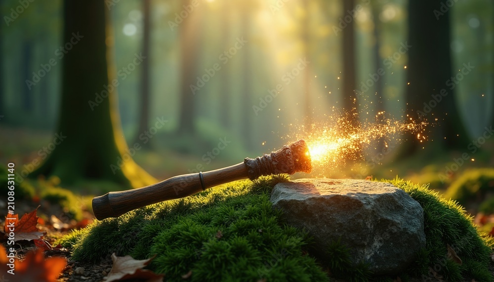 Obraz premium Wooden magic wand emits bright sparks on mossy ground in sunlit forest. Sunlight streams through trees, creating an enchanted atmosphere. Fairytale scene with natural elements.