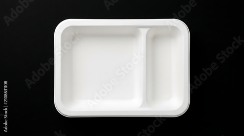 Top View of a Clean White Rectangular Food Tray with Two Compartments Isolated on a Black Background with Studio Lighting