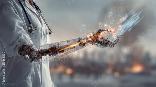 Doctor with robotic prosthetic arm interacting with data