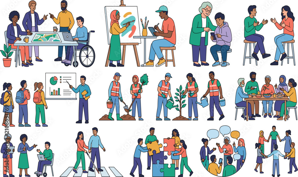 Fototapeta premium Diverse community vector set featuring inclusive people, teamwork, volunteering, education, and accessibility concepts