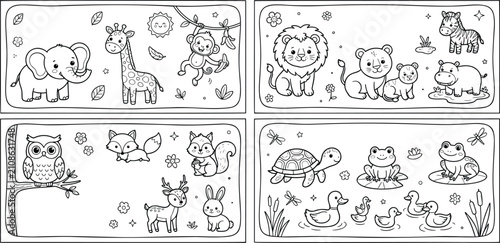 Photography Cute wild animals and nature scenes coloring page banners set containing safari, forest, and pond habitat outline illustrations