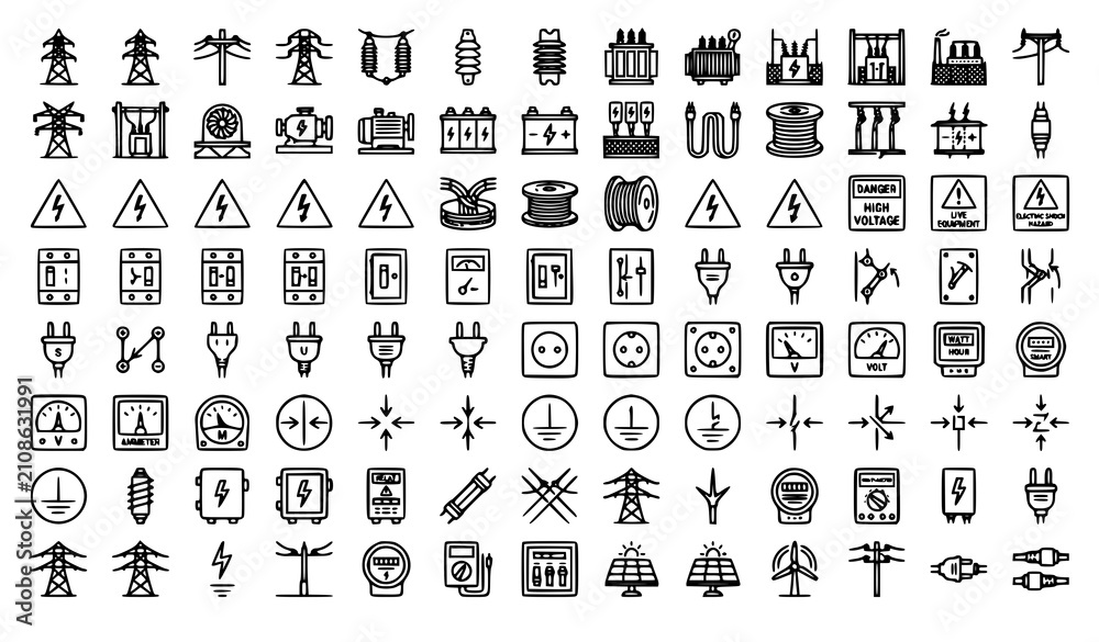 Obraz premium High Voltage Electrical Line Icons Set Editable Stroke Black and White Vector Illustration