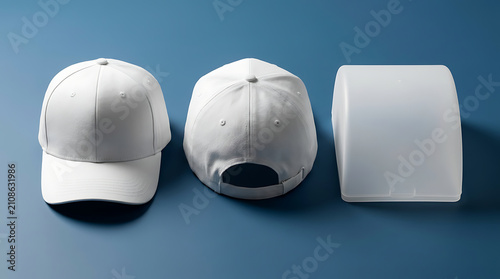 Three White Baseball Caps and Clear Storage Container Arranged on a Blue Surface