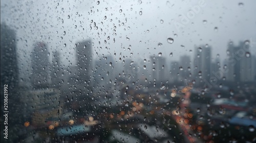 Rain droplets on window pane overlooking city