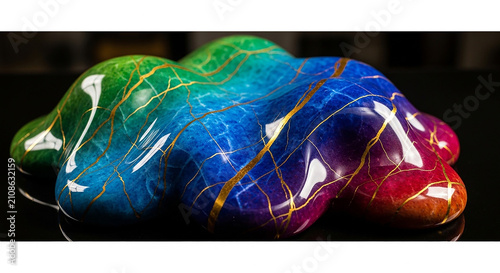 Abstract Rainbow Liquid Cloud with Gold Veins, Fluid Motion, Soft Liquify, Melting Color