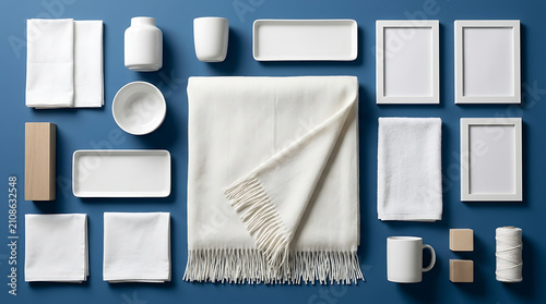 Top Down View Of White Textile Blanket And Home Decor Objects Arranged On A Blue Surface