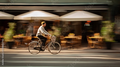A young man riding a bicycle swiftly through a lively street cafe scene.