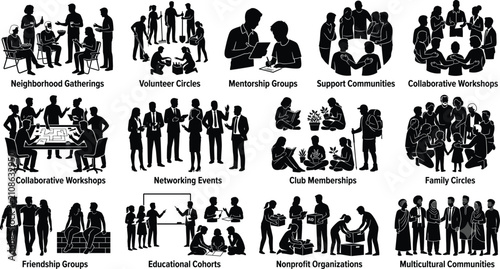 Silhouette set of diverse community groups, volunteer circles, networking events, and collaborative workshop teams