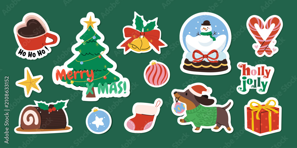 Fototapeta premium Merry Christmas stickers set. Cute hand drawn element of christmas tree, bauble, dog, snow globe, gift, ornament, bells, candy cane, hot chocolate, Yule log cake, sock. Happy holiday illustration.
