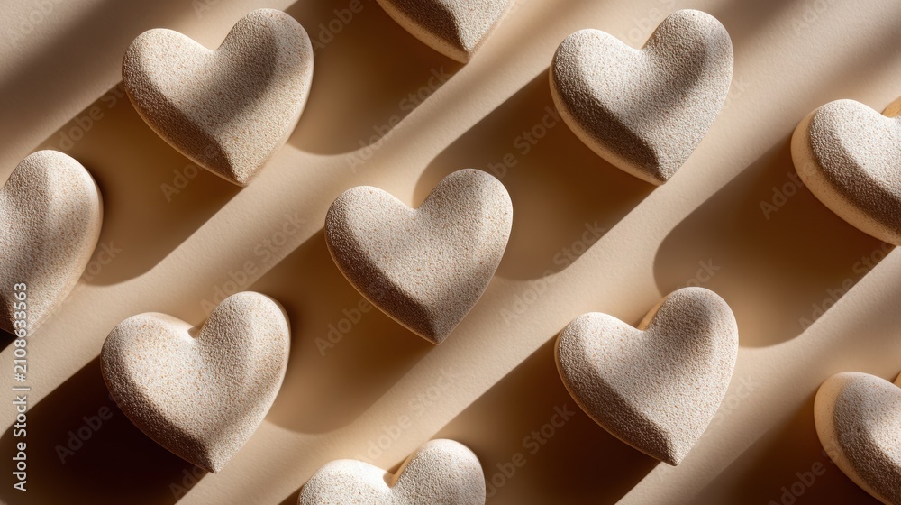 Obraz premium Light cream background featuring textured heart shapes casting gentle shadows, illuminated by soft side lighting, creating a bright and airy visual composition